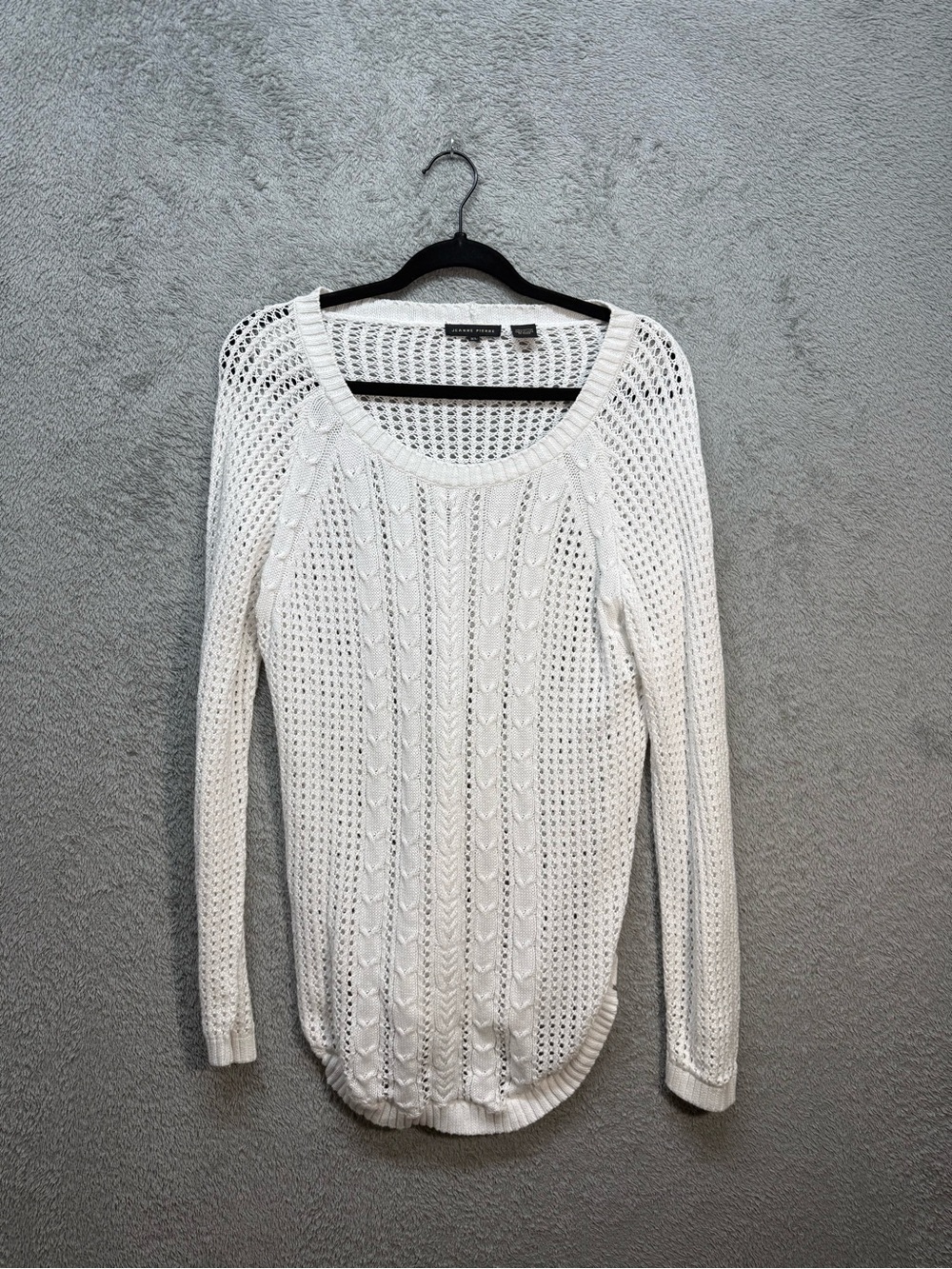 Jeanne Pierre White Open Knit Cable Stitch Cotton Sweater Curved Hem